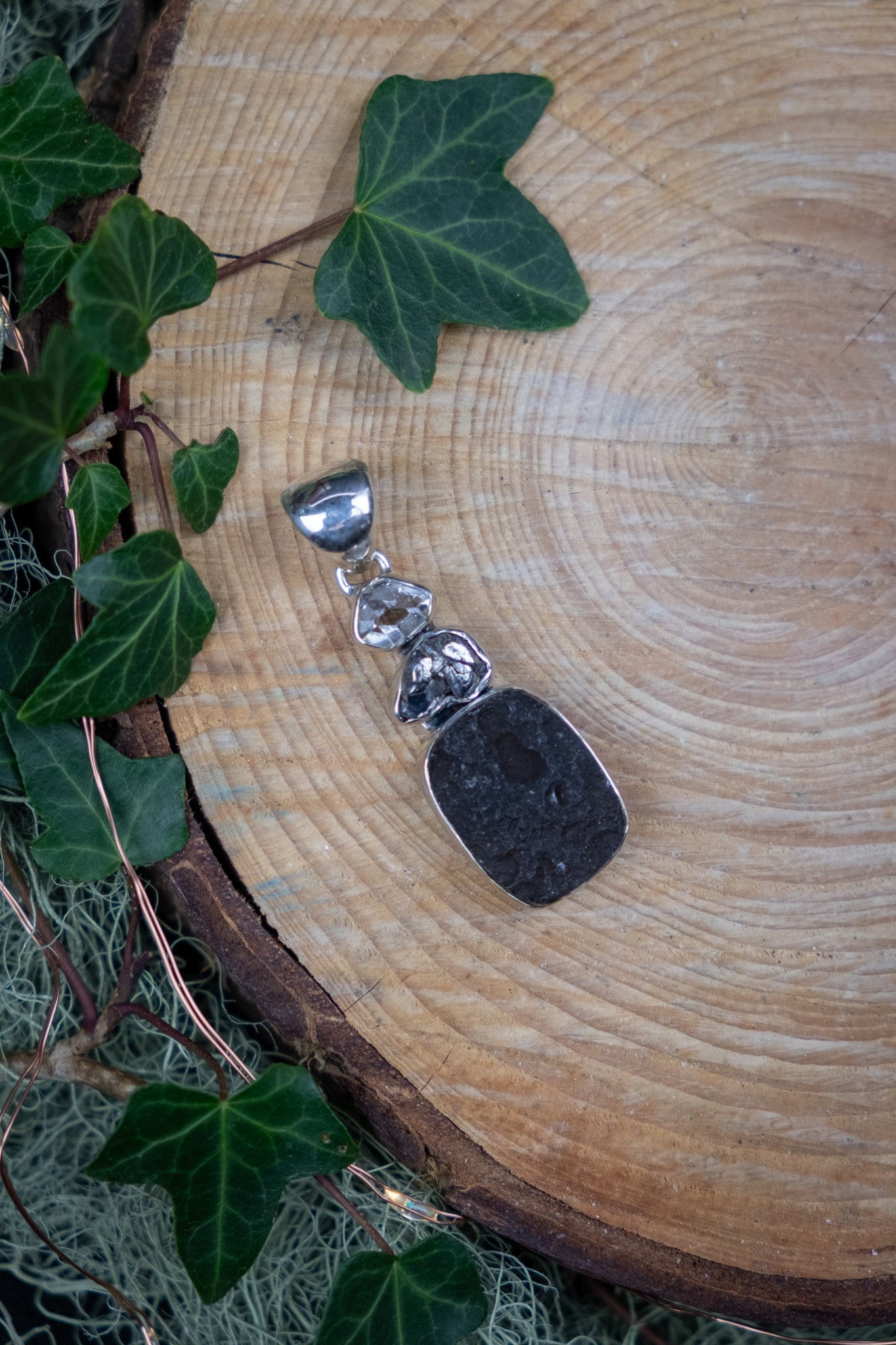 Agni Mani Stone Sterling Silver Pendant, Herkimer Diamond and Hematite Talisman for Grounded Manifestation and Clarity