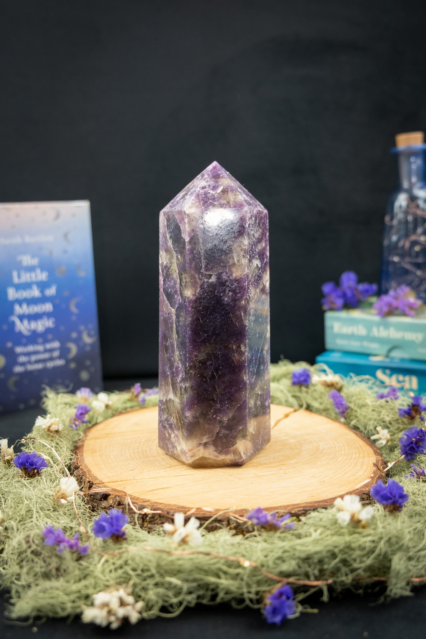 Lepidolite Point with Smokey Quartz and Pink Tourmaline Inclusions