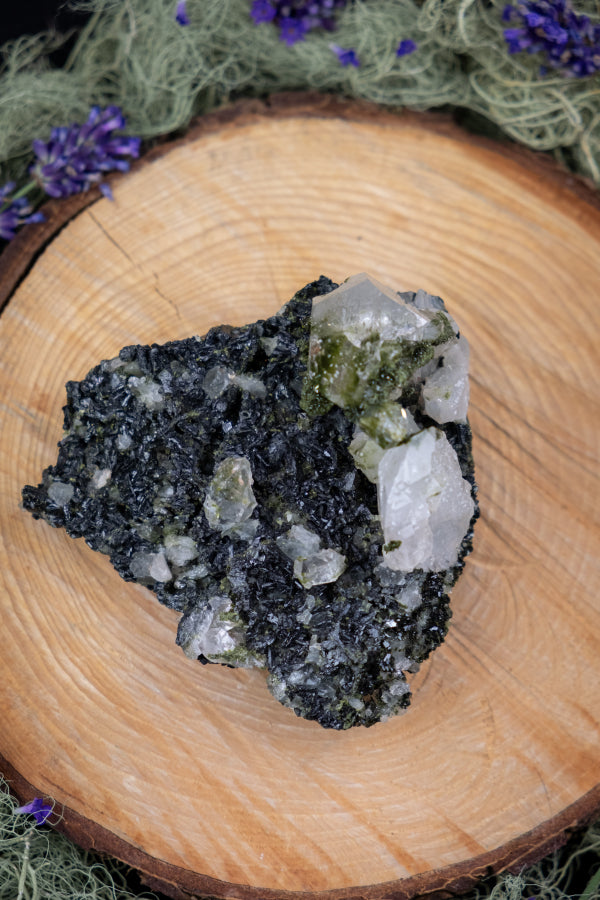 Forest Epidote Quartz Crystal, Sparkly Green Epidote with Quartz, Gaia energy crystal, Aura cleanser, Faery garden crystal, Grounding gem.