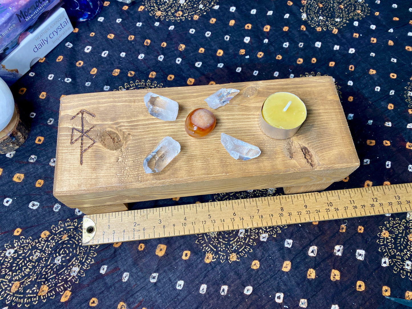 Mini Wooden Altar with Spiral Symbol Engraving, Sacred Crystal Display Shelf, Small Travel Altar for Ritual and Energy Flow