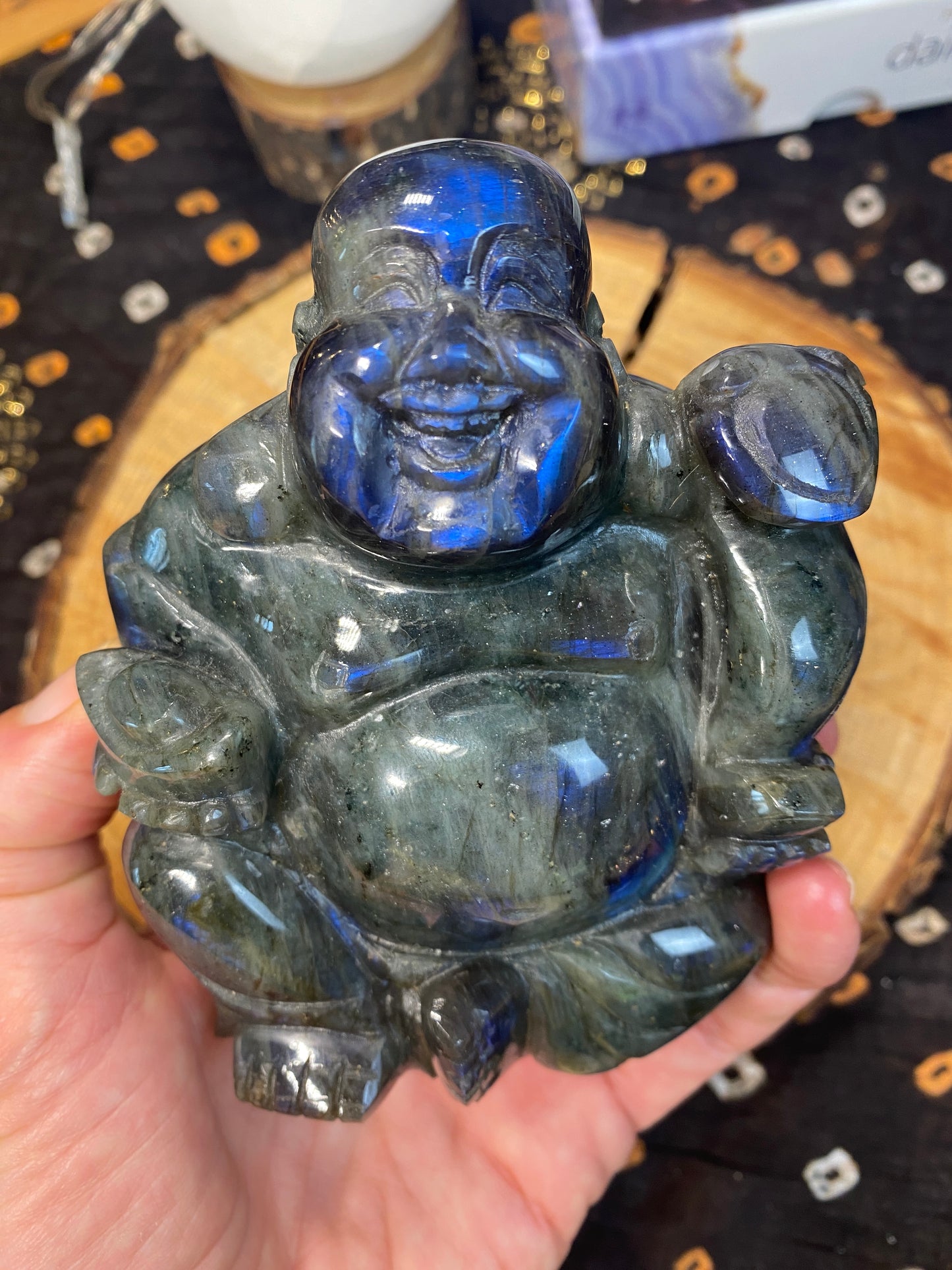 Labradorite Crystal Happy Buddha Hand Carved with Bright Blue Flash Gemstone Figurine