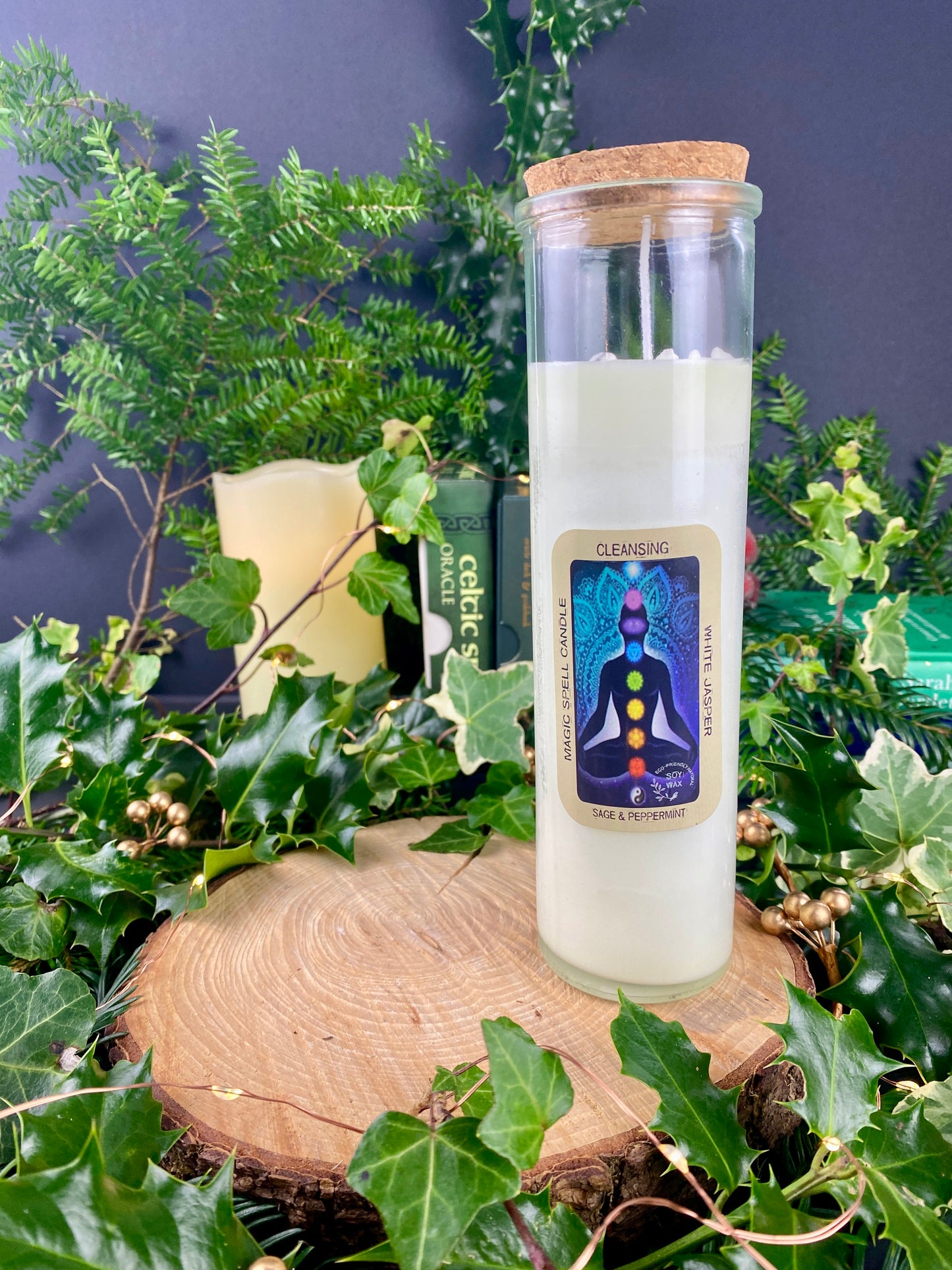 Soy Wax Candle with white jasper crystals, scented with sage and peppermint essential oils. Cleansing candle, House warming gift.