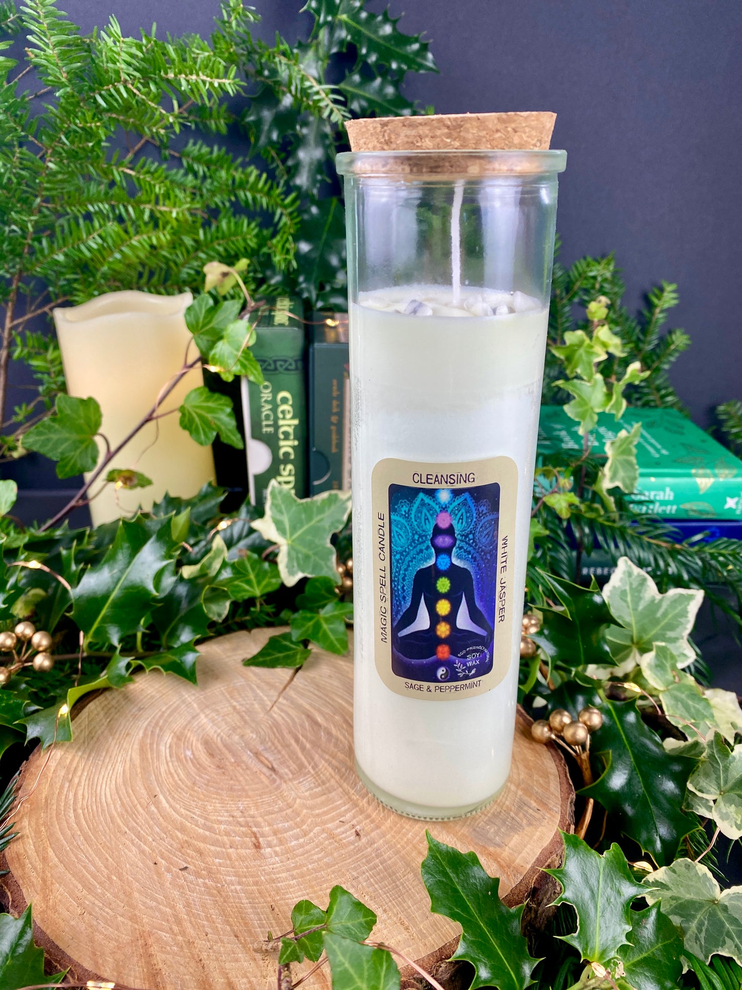 Soy Wax Candle with white jasper crystals, scented with sage and peppermint essential oils. Cleansing candle, House warming gift.