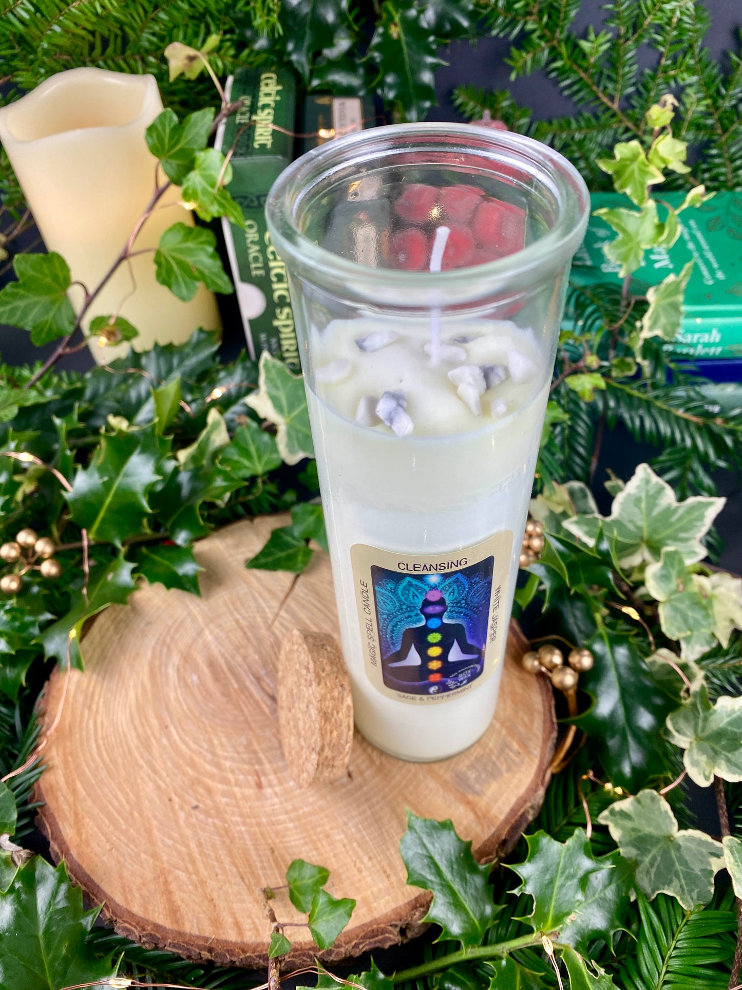 Soy Wax Candle with white jasper crystals, scented with sage and peppermint essential oils. Cleansing candle, House warming gift.