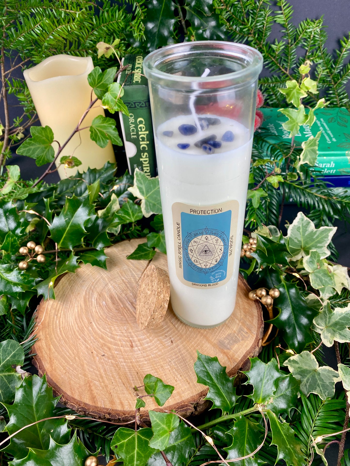 Soy Wax Candle with Sodalite Crystals and Dragons Blood Essential Oil. Protection Candle, Spell Candle, Ward Off Negative Energies.