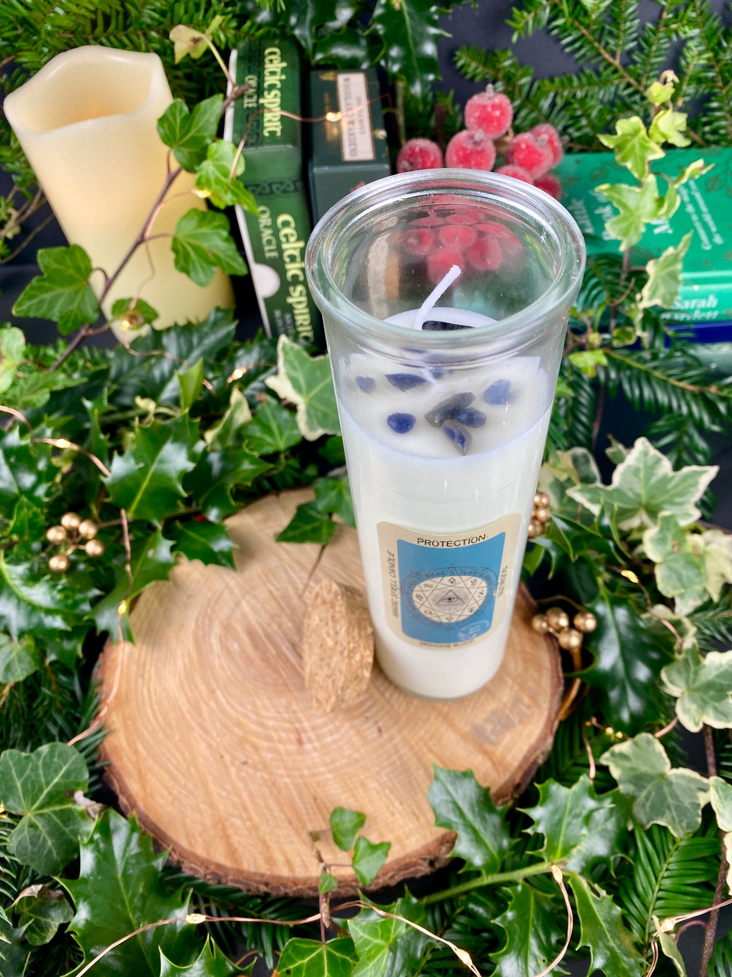 Soy Wax Candle with Sodalite Crystals and Dragons Blood Essential Oil. Protection Candle, Spell Candle, Ward Off Negative Energies.