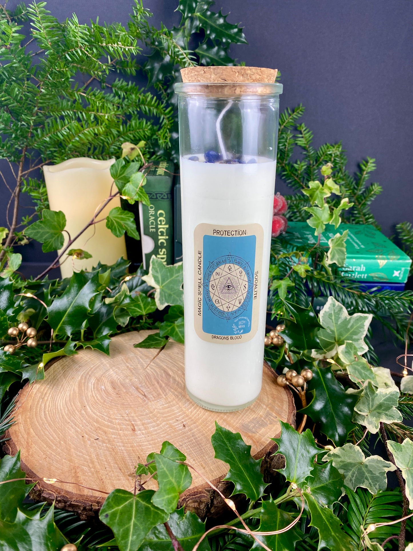 Soy Wax Candle with Sodalite Crystals and Dragons Blood Essential Oil. Protection Candle, Spell Candle, Ward Off Negative Energies.