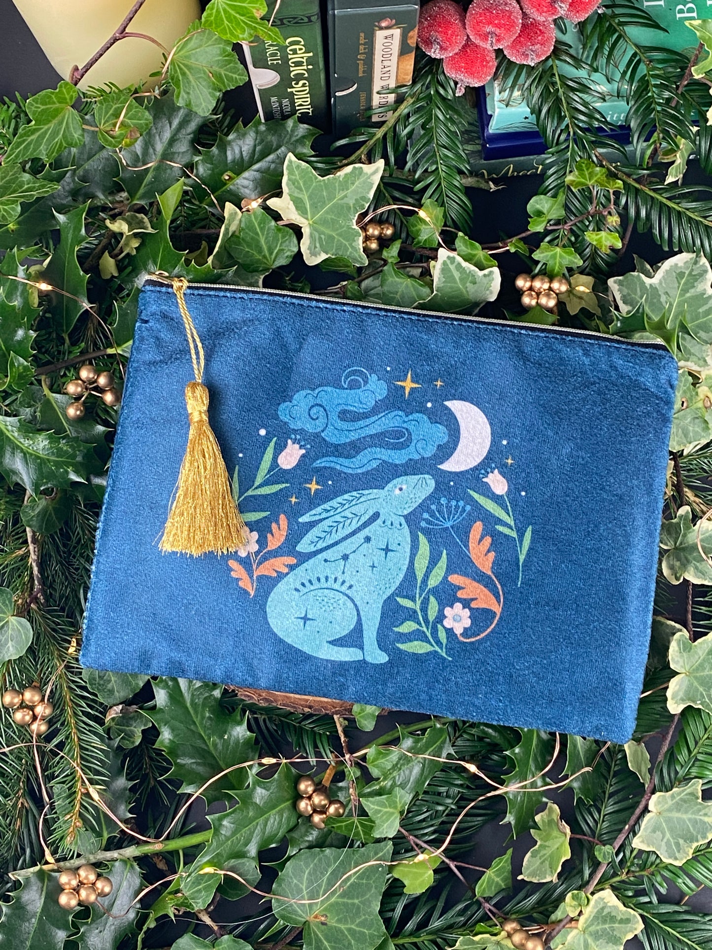 Midnight Hare Velvet Bag, Perfect for crystals and oracle cards on the go, Make up bag, Clutch bag.