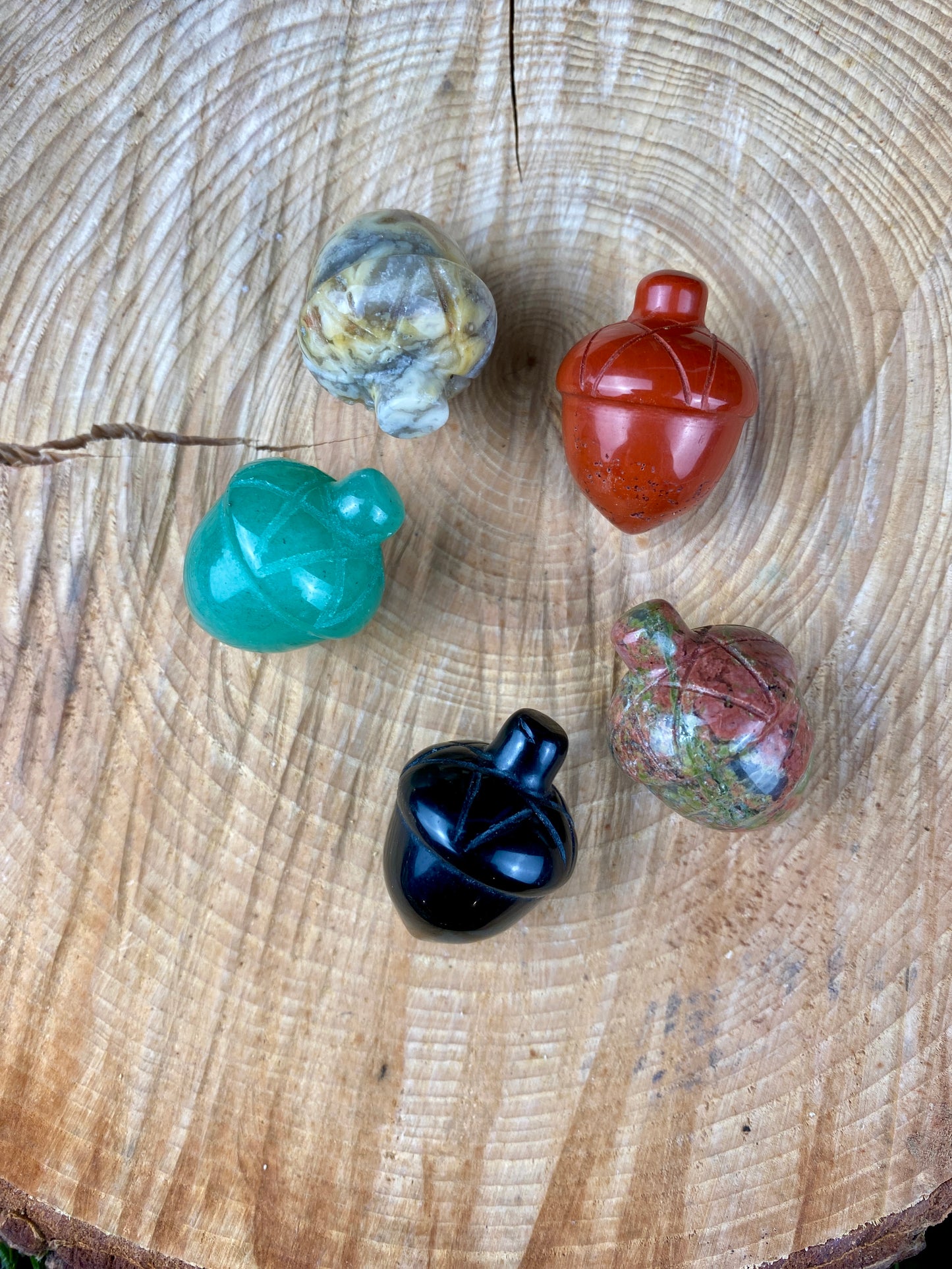 Crystal acorns in Green Aventurine, Crazy Lace Agate, Unakite, Obsidian, Red Jasper, Crystals for rebirth, Crystal for strength. From tiny acorns.