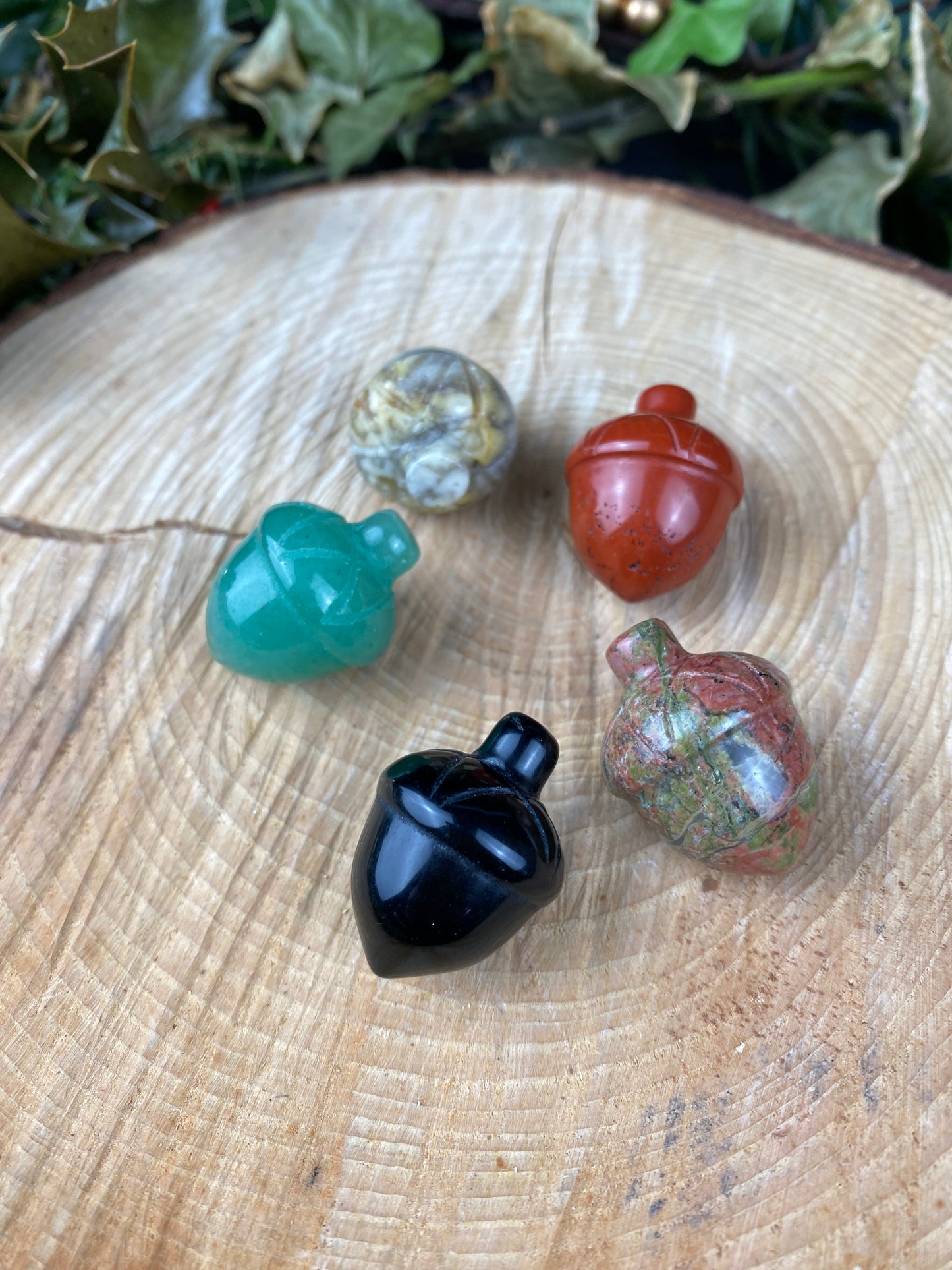 Crystal acorns in Green Aventurine, Crazy Lace Agate, Unakite, Obsidian, Red Jasper, Crystals for rebirth, Crystal for strength. From tiny acorns.