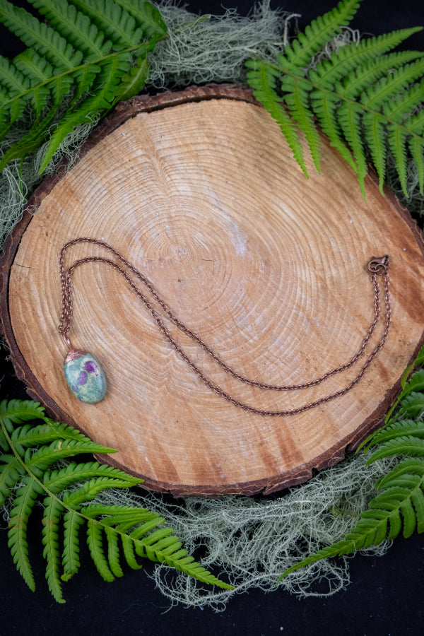 Ruby Fuchsite Pendant, Copper Electroformed Crystal Jewellery, Nature Inspired Gemstone Necklace, Handcrafted Artisan, One of a kind