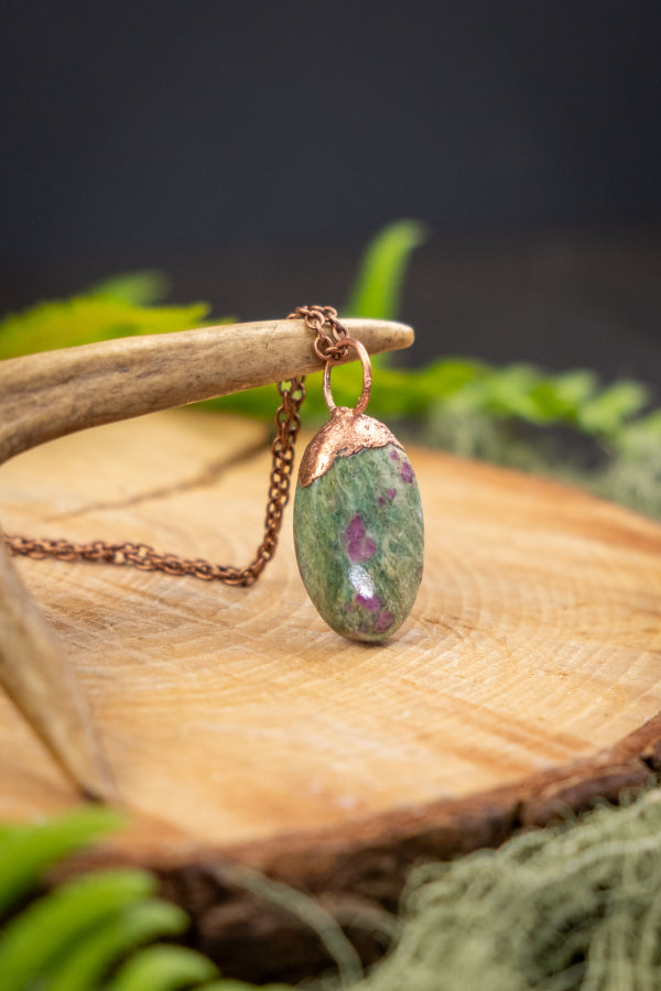 Ruby Fuchsite Pendant, Copper Electroformed Crystal Jewellery, Nature Inspired Gemstone Necklace, Handcrafted Artisan, One of a kind