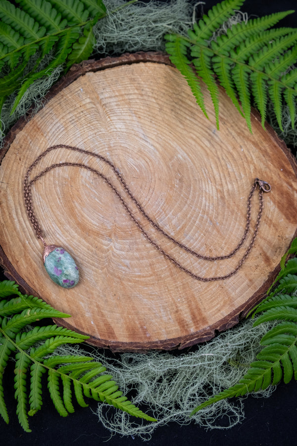 Ruby Fuchsite Pendant, Copper Electroformed Crystal Jewellery, Nature Inspired Gemstone Necklace, Handcrafted Artisan, One of a kind