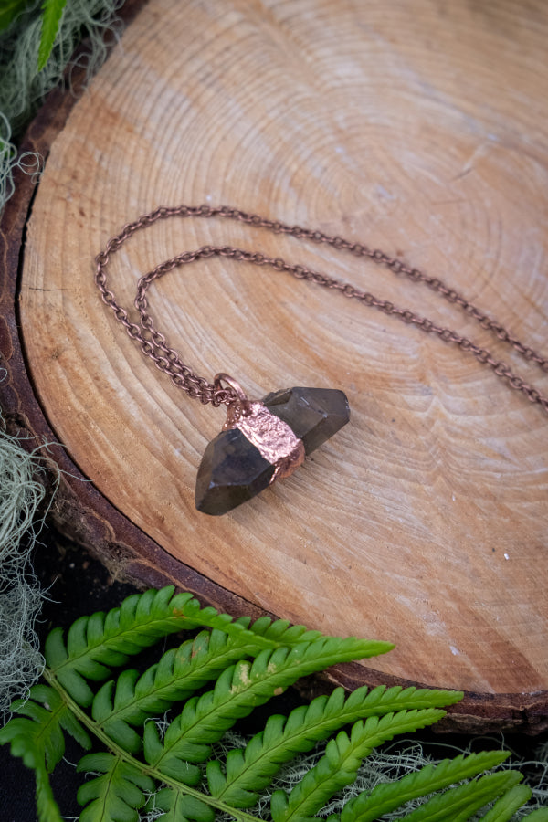 Smokey Quartz Double Terminated Pendant in Raw Copper, Grounding Protection Gemstone Necklace, Crystal Point Healing Stone Jewellery