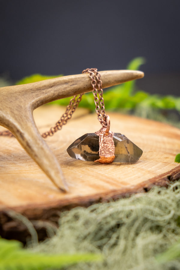 Smokey Quartz Double Terminated Pendant in Raw Copper, Grounding Protection Gemstone Necklace, Crystal Point Healing Stone Jewellery