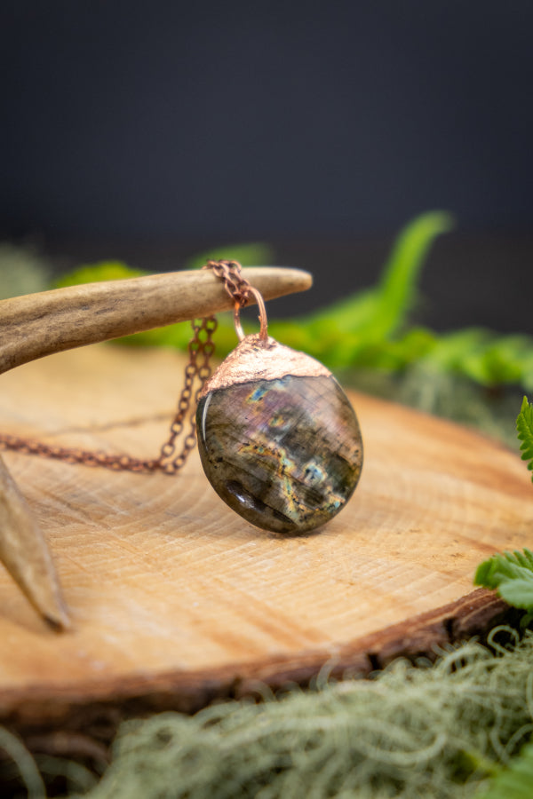 Pink Flash Labradorite and Copper Pendant, One of a Kind Crystal Necklace, Electroformed Gemstone Jewellery for Intuition and Protection