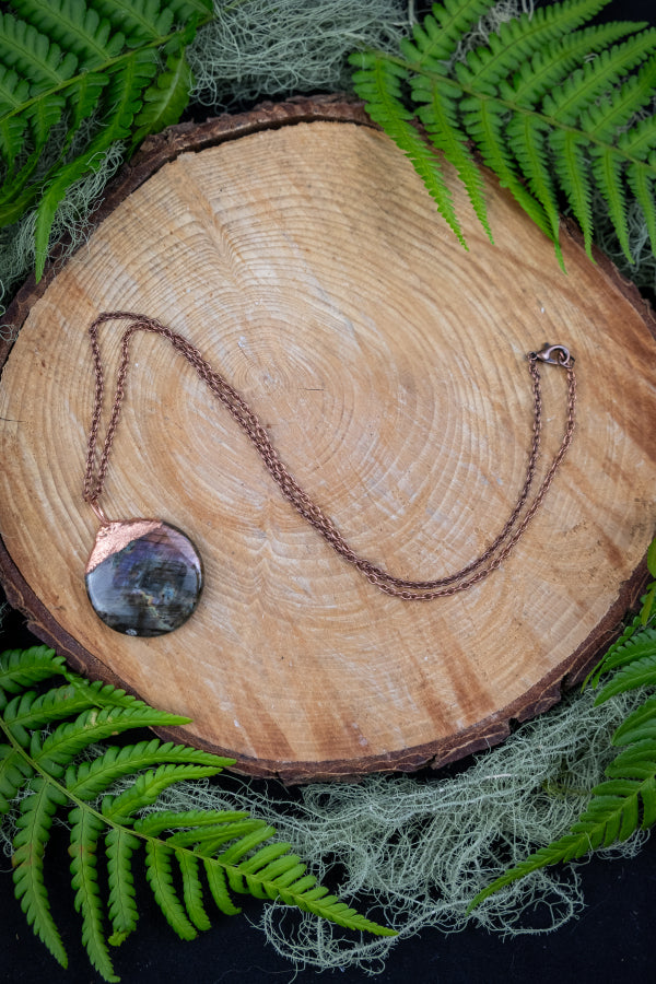 Pink Flash Labradorite and Copper Pendant, One of a Kind Crystal Necklace, Electroformed Gemstone Jewellery for Intuition and Protection