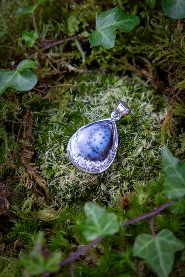 Merlinite crystal pendant, 925 Sterling silver, Large Dendritic Opal, Handmade, Black and white gemstone, Ethically sourced crystal