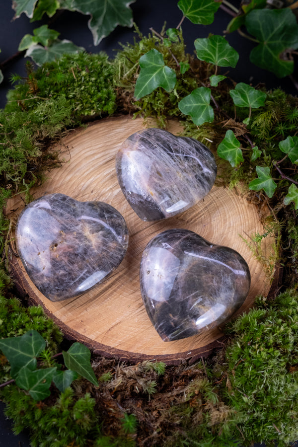 Black Moonstone Crystal Hearts, Dark Moon Crystal, New Moon intention setting, Grounding and protective crystal, Root chakra