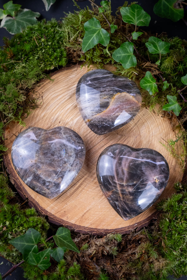 Black Moonstone Crystal Hearts, Dark Moon Crystal, New Moon intention setting, Grounding and protective crystal, Root chakra