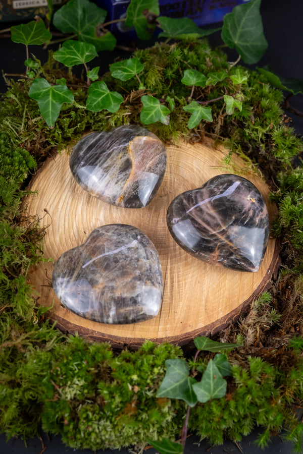 Black Moonstone Crystal Hearts, Dark Moon Crystal, New Moon intention setting, Grounding and protective crystal, Root chakra