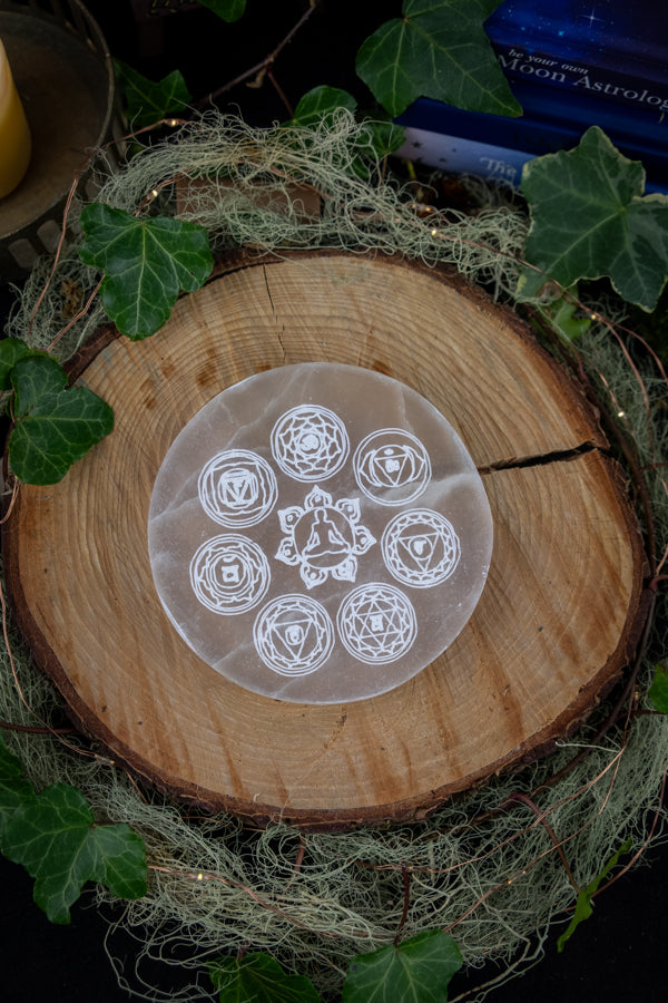 Selenite Charging Plate, Chakra Etched Crystal, Energy Cleansing Slab, Crystal Charging Disc, Reiki Altar Tile, Spiritual Healing Tool