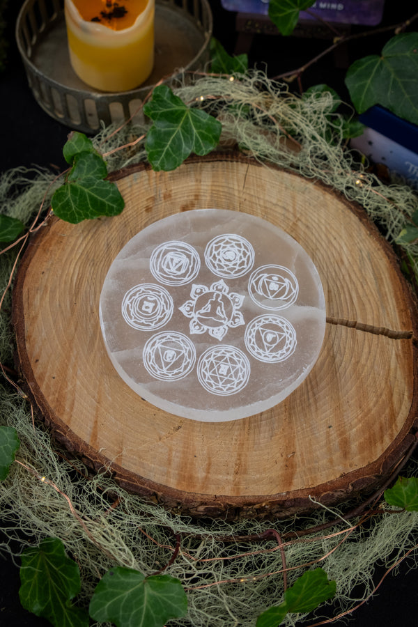 Selenite Charging Plate, Chakra Etched Crystal, Energy Cleansing Slab, Crystal Charging Disc, Reiki Altar Tile, Spiritual Healing Tool