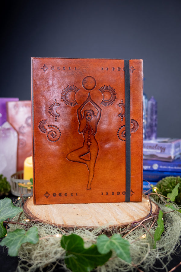 Leather, vegetable tanned, handmade, cosmic goddess journal.
