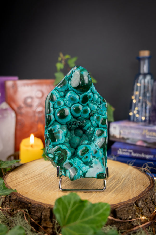 Malacholla Freeform with Stand, Malachite & Chrysocolla Crystal, Powerful Energy Healing Stone, Throat and Heart Chakra Gemstone
