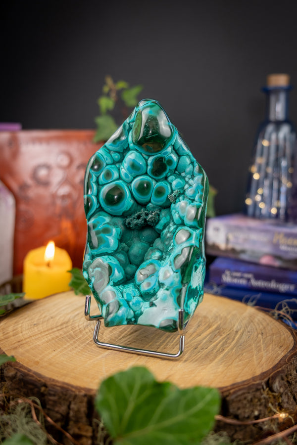Malacholla Freeform with Stand, Malachite & Chrysocolla Crystal, Powerful Energy Healing Stone, Throat and Heart Chakra Gemstone