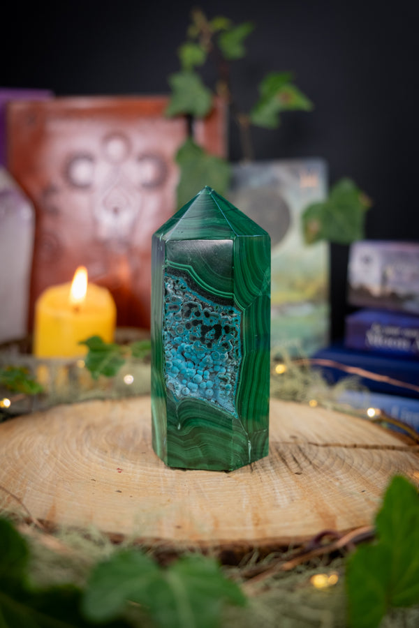 Malacholla Point, Malachite & Chrysocolla Tower, Emotional Healing Crystal, Throat and Heart Chakra Stone for Transformation