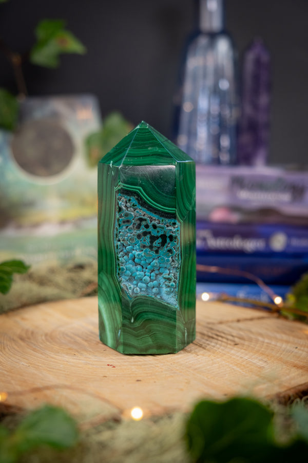 Malacholla Point, Malachite & Chrysocolla Tower, Emotional Healing Crystal, Throat and Heart Chakra Stone for Transformation
