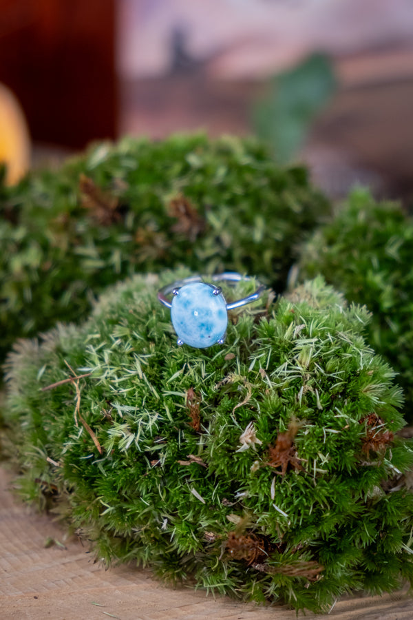 Larimar Sterling Silver Adjustable Ring, Calming Crystal Ring, Caribbean Blue Stone, Throat Chakra, Stress Relief, Emotional Healing