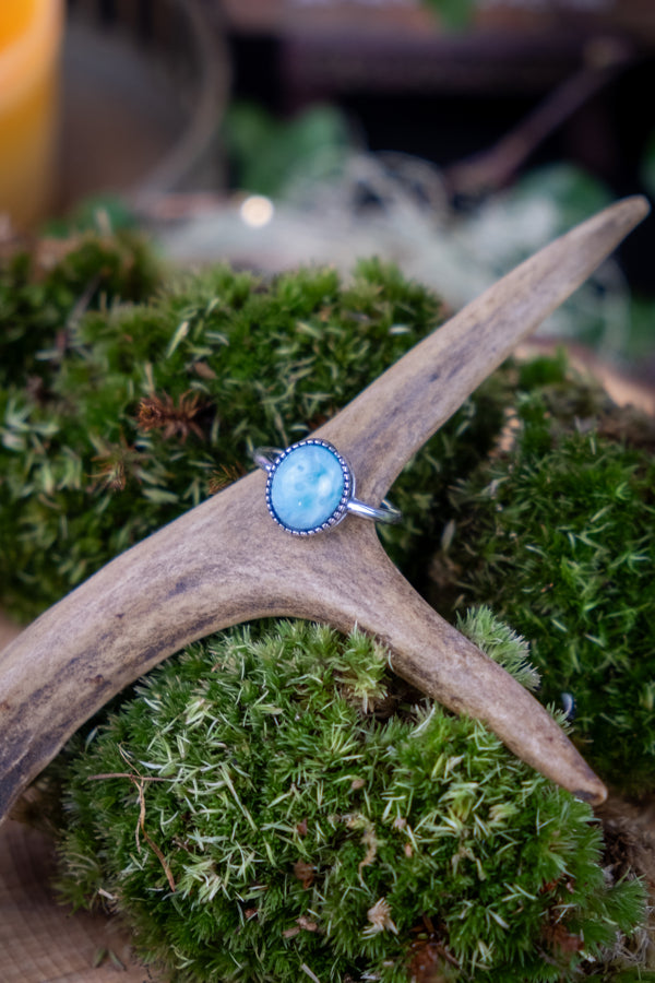Larimar Sterling Silver Adjustable Ring, Calming Crystal Ring, Caribbean Blue Stone, Throat Chakra, Stress Relief, Emotional Healing
