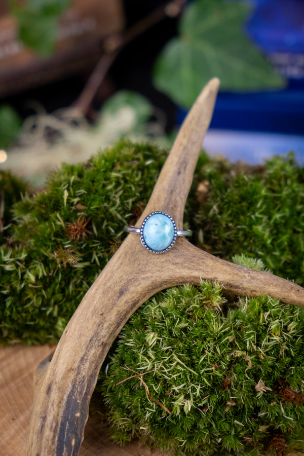 Larimar Sterling Silver Adjustable Ring, Calming Crystal Ring, Caribbean Blue Stone, Throat Chakra, Stress Relief, Emotional Healing
