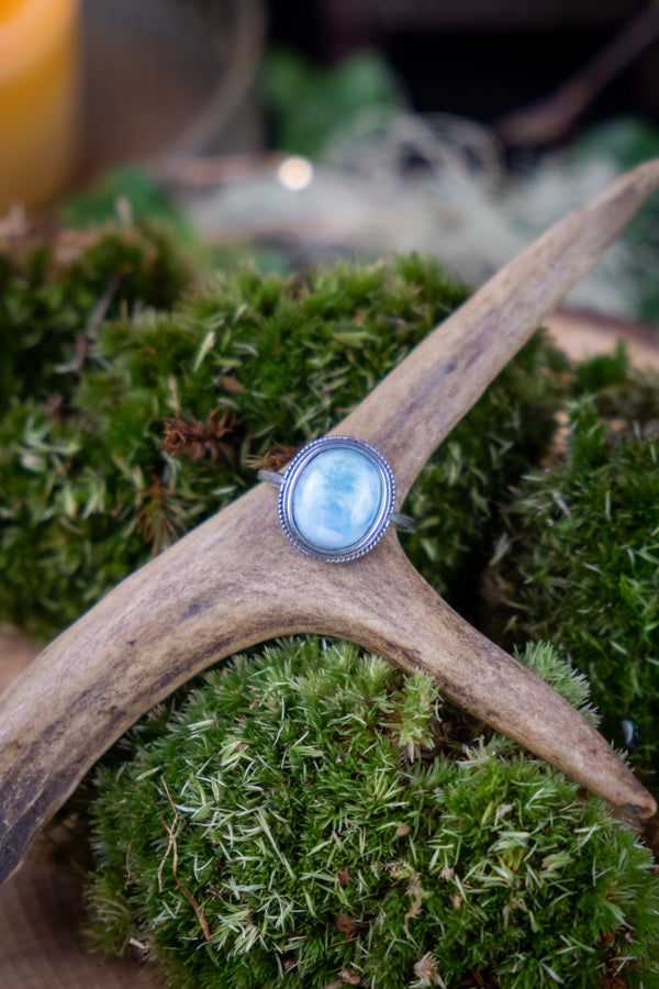 Larimar Sterling Silver Adjustable Ring, Calming Crystal Ring, Caribbean Blue Stone, Throat Chakra, Stress Relief, Emotional Healing.