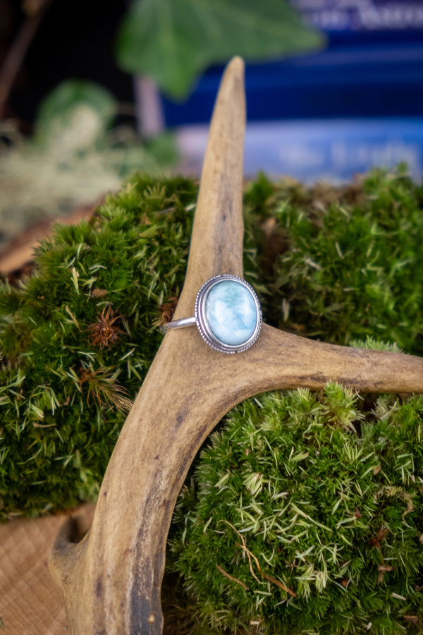 Larimar Sterling Silver Adjustable Ring, Calming Crystal Ring, Caribbean Blue Stone, Throat Chakra, Stress Relief, Emotional Healing.