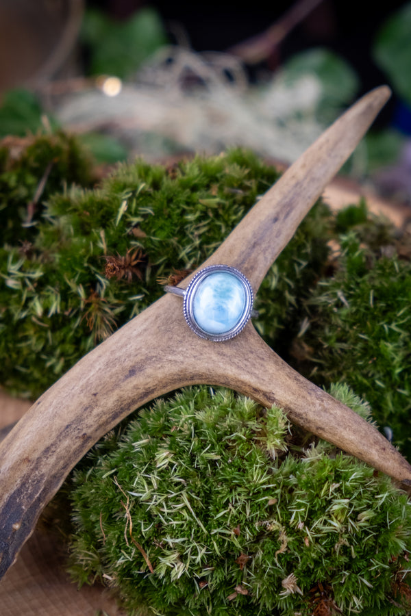 Larimar Sterling Silver Adjustable Ring, Calming Crystal Ring, Caribbean Blue Stone, Throat Chakra, Stress Relief, Emotional Healing.