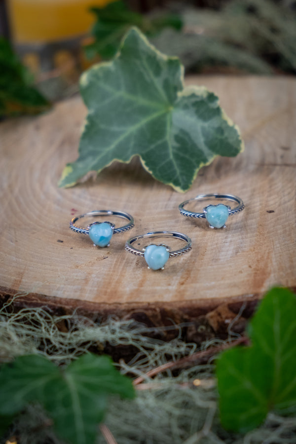 Larimar Sterling Silver Heart Adjustable Ring, Calming Crystal Ring, Caribbean Blue Stone, Throat Chakra, Stress Relief, Emotional Healing.