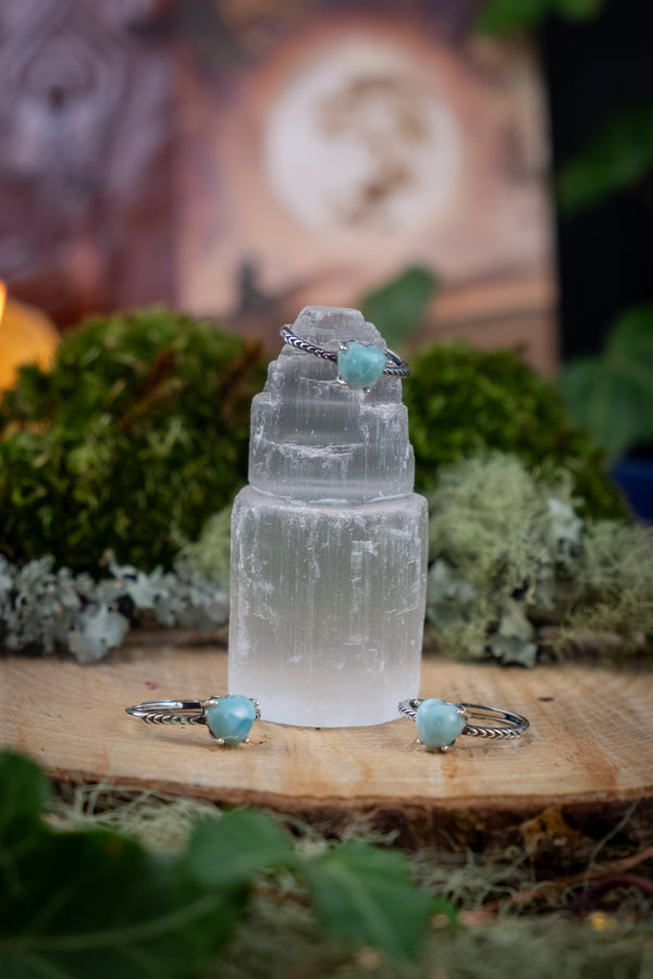Larimar Sterling Silver Heart Adjustable Ring, Calming Crystal Ring, Caribbean Blue Stone, Throat Chakra, Stress Relief, Emotional Healing.