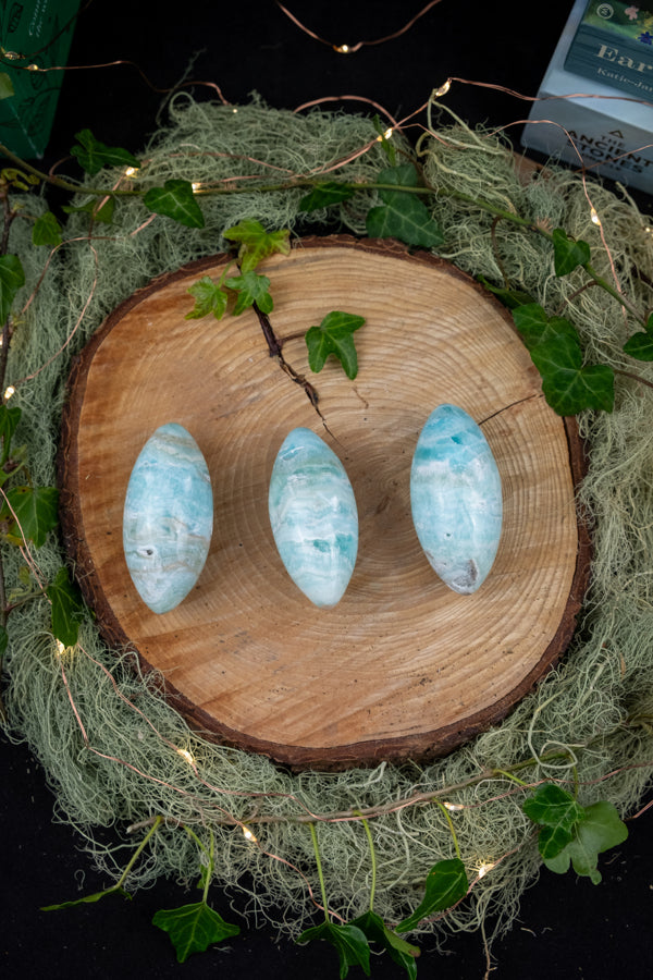 Caribbean Calcite Spheroid, Calming Blue Oval Stone, Soothing Crystal for Intuition, Peace, Dreamwork and Third Eye Healing Energy