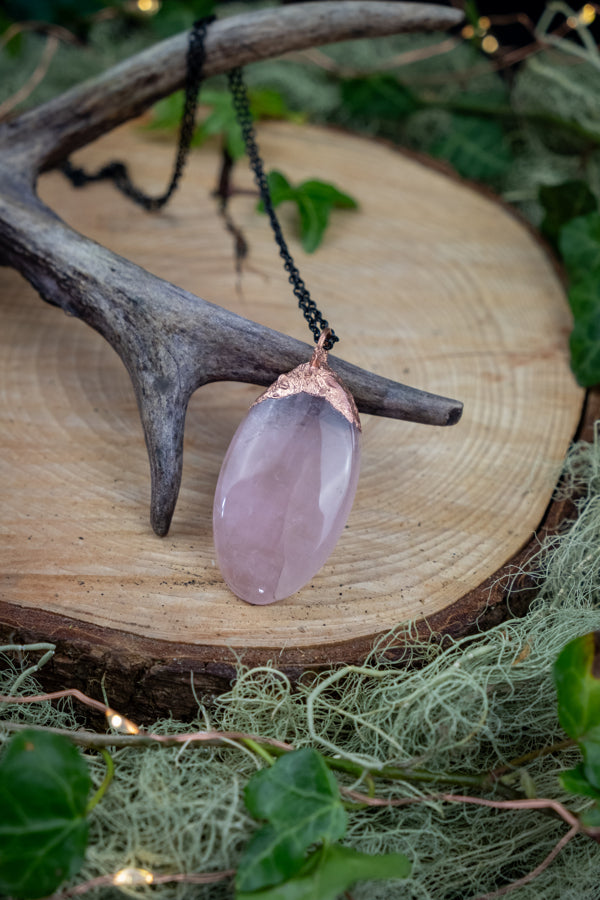 Rose Quartz Copper Pendant, Electroformed Crystal Necklace, Handmade UK Artisan Jewellery, Healing Copper & Gemstone Jewellery, Boho style.
