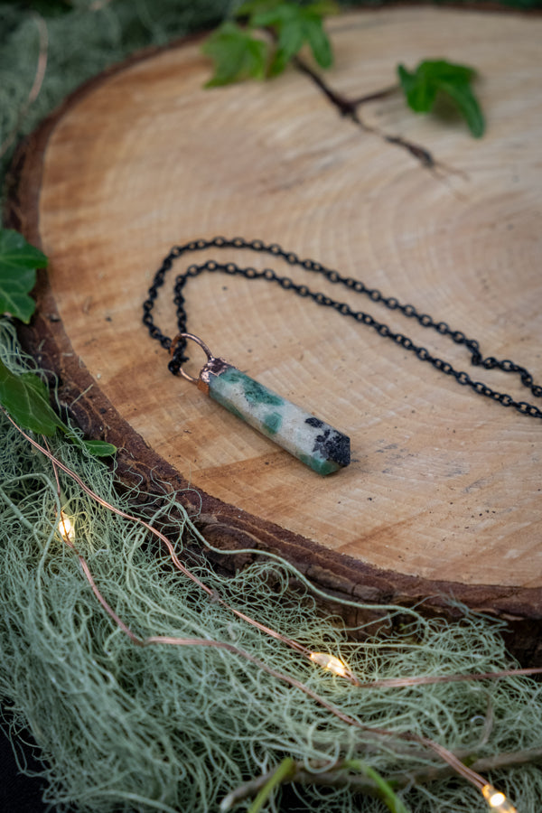 Emerald Quartz Matrix and Tourmaline Pendant, Electroformed Copper Gemstone Jewellery, Artisan Crystal Necklace, Nature Inspired Gift