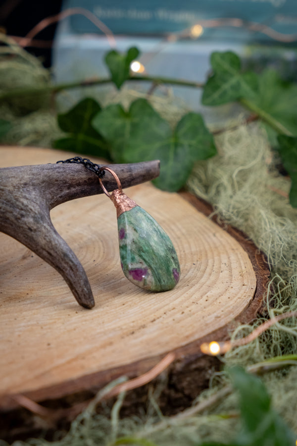 Ruby Fuchsite Pendant, Copper Electroformed Crystal Jewellery, Nature Inspired Gemstone Necklace, Handcrafted Artisan Boat Made