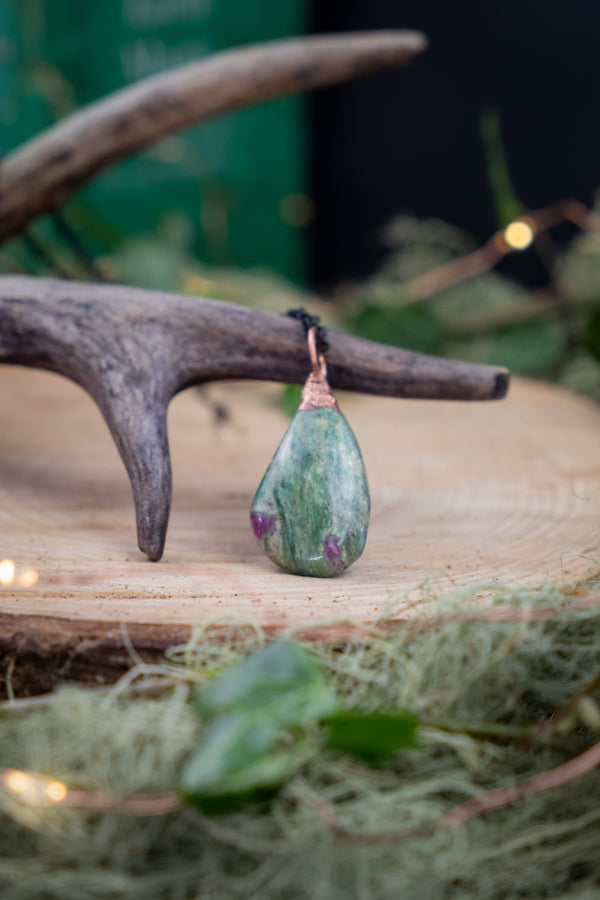 Ruby Fuchsite Pendant, Copper Electroformed Crystal Jewellery, Nature Inspired Gemstone Necklace, Handcrafted Artisan Boat Made