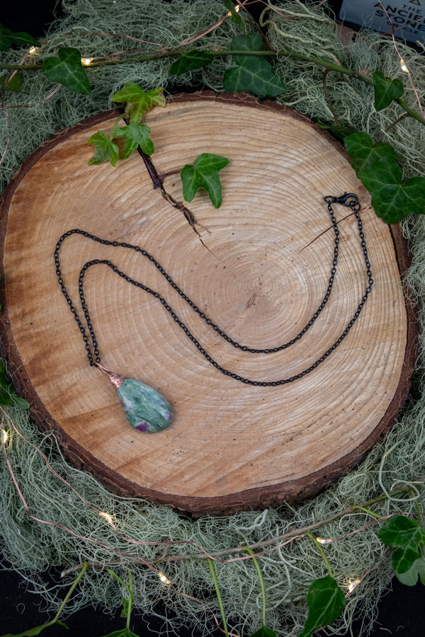 Ruby Fuchsite Pendant, Copper Electroformed Crystal Jewellery, Nature Inspired Gemstone Necklace, Handcrafted Artisan Boat Made