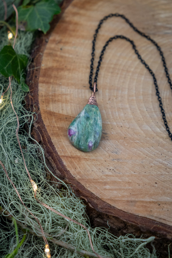 Ruby Fuchsite Pendant, Copper Electroformed Crystal Jewellery, Nature Inspired Gemstone Necklace, Handcrafted Artisan Boat Made