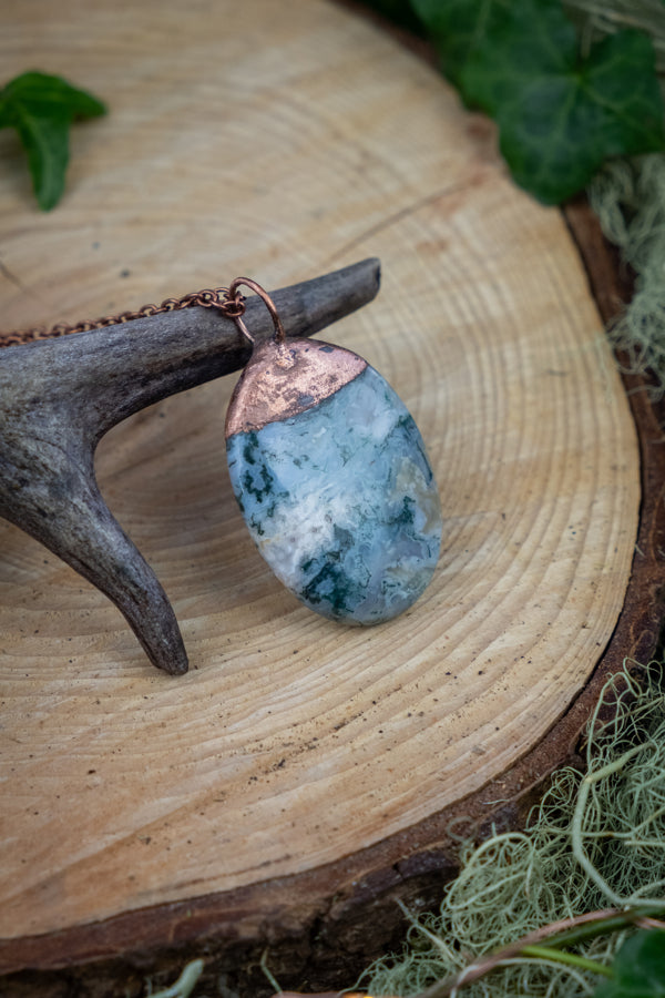 Moss Agate Pendant, Copper Wrapped Crystal Necklace, Earthy Gemstone Jewellery, Green Moss Stone Necklace, Nature Inspired Gift