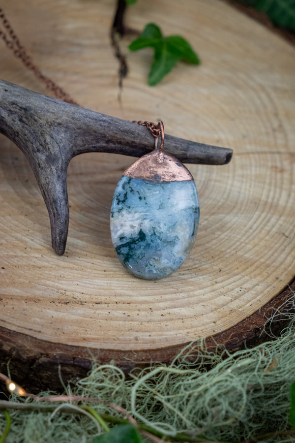 Moss Agate Pendant, Copper Wrapped Crystal Necklace, Earthy Gemstone Jewellery, Green Moss Stone Necklace, Nature Inspired Gift