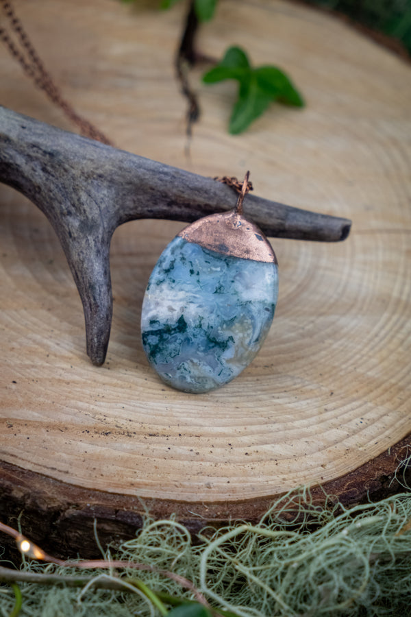 Moss Agate Pendant, Copper Wrapped Crystal Necklace, Earthy Gemstone Jewellery, Green Moss Stone Necklace, Nature Inspired Gift